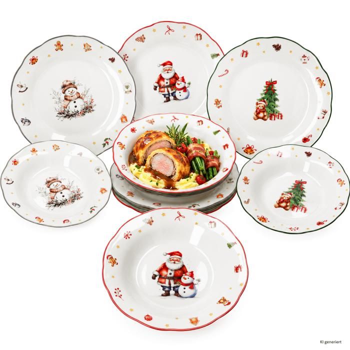 MamboCat Service de table 12 pièces NAVIDAD Gris Vert & Rouge en porcelaine MamboCat Service de table 12 pièces NAVIDAD Gris Vert & Rouge en porcelaine