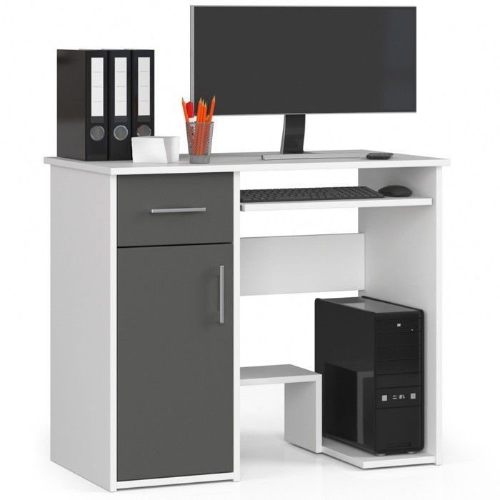 Bureau dordinateur AKORD JAY Blanc 90 cm 1 porte 1 tiroir façade Gris Graphite 3 étagères 90x50x74 cm