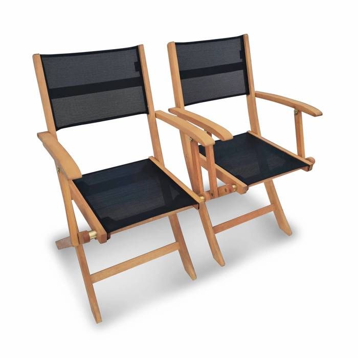 Fauteuils de jardin en bois et textilène - Almeria noir - 2 fauteuils pliants en bois d'Eucalyptus FSC huilé et textilène