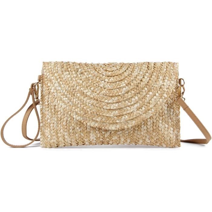 Pochette en Paille pour Femme Sacs a Main d ete Sacs a bandouliere en Paille tissee Pochette de Plage marron Cdiscount Bagagerie Maroquinerie
