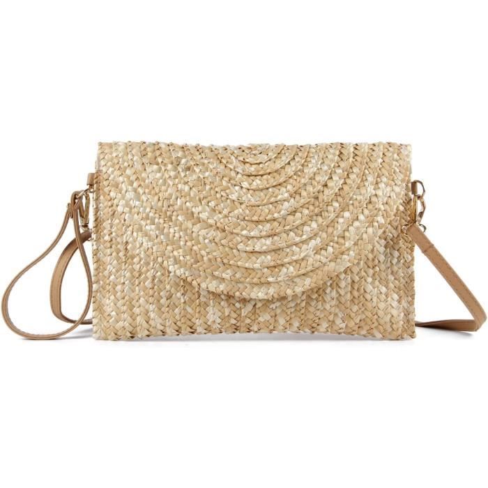 pochette en paille pour femme sacs à main d'été sacs à bandoulière en paille tissée pochette de plage