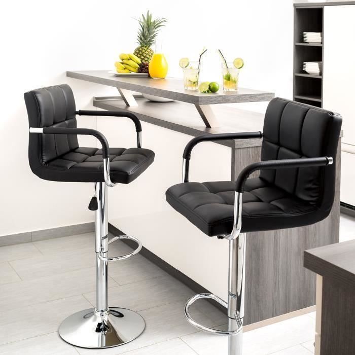 Lot de 2 Tabourets de Bar Contemporain en Cuir PU Noir Hauteur Réglable 95-115CM