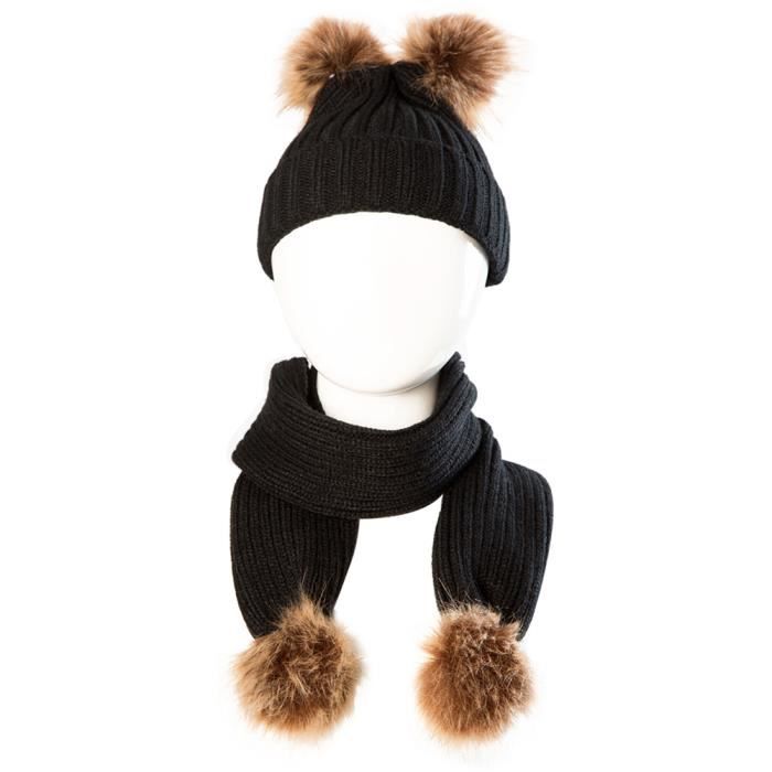Bebe Garcon Filles Tricot Bonnet Laine Echarpe Hiver Laine Foulard Avec Des Boules De Fausse Fourrure Noir Cdiscount Pret A Porter