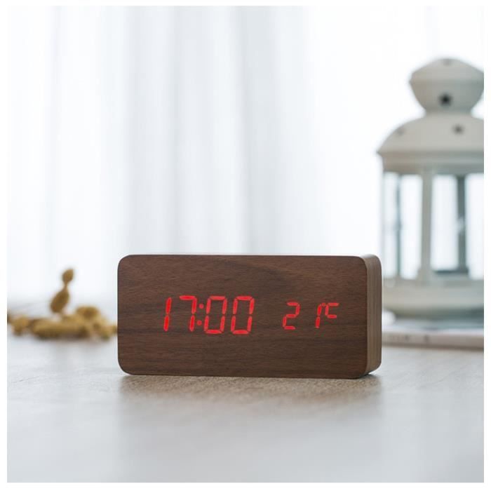 Horloge Numérique En Bois Silencieuse à LED - Design Rétro Pour Maison Et Bureau (Vert)