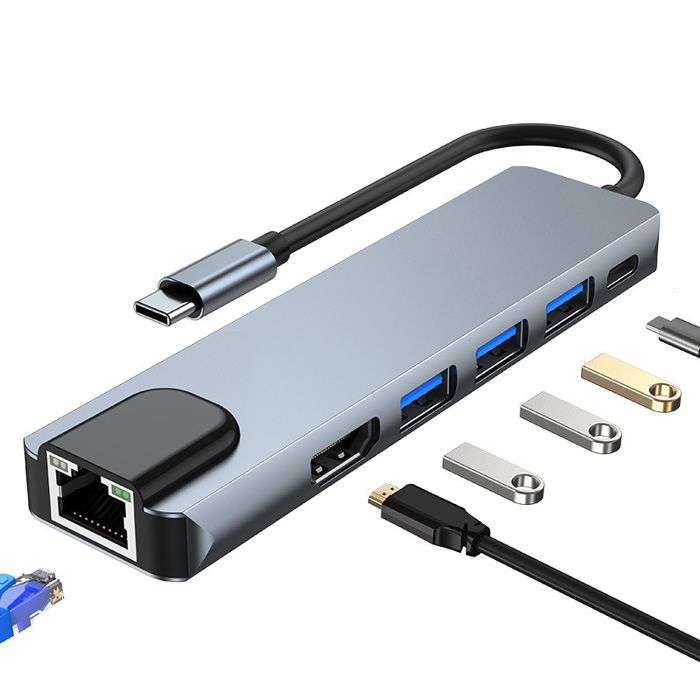 Hub USB C,Cable 6 en 1 Hub USB C avec Ethernet,Adaptateur multiport USB-C avec HDMI 4K,entrée Ethernet,3 Ports USB 3.0,Charge USB