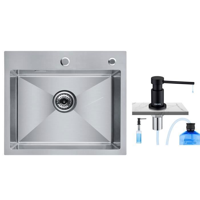 Évier de Cuisine 1 Bac 50 x 45 x 18 5 cm Carré Inoxydable Brossé + Distributeur de Savon Noir