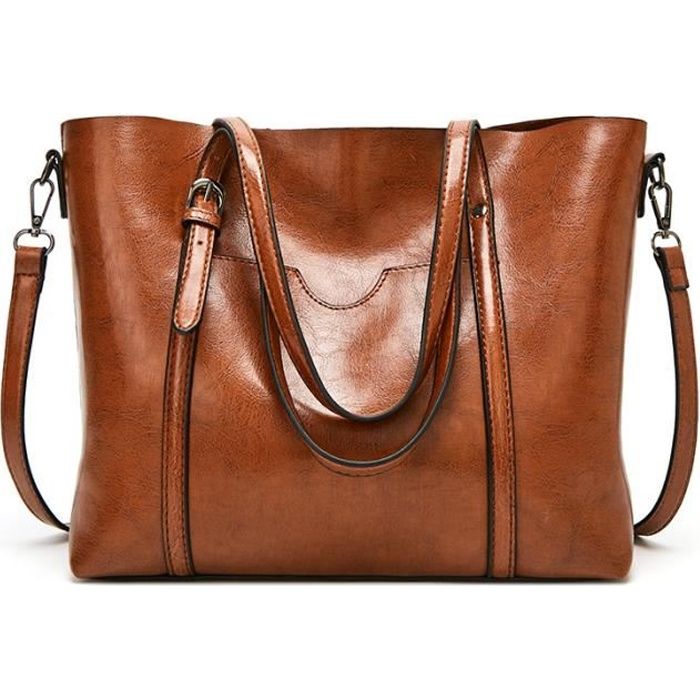 Sac à main Cabas Femmes Lycéenne sac à bandoulière Grande Capacité et Volume avec Anses Longues en Cuir 32cm*12cm*27cm-Marron