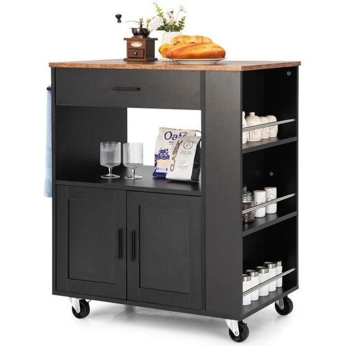 COSTWAY Desserte de Cuisine sur Roulettes (2 Verrouillables) 82x46x92cm îlot Chariot de Cuisine avec 3 Casiers à Épices Noir COSTWAY Desserte de Cuisine sur Roulettes (2 Verrouillables) 82x46x92cm îlot Chariot de Cuisine avec 3 Casiers à Épices Noir