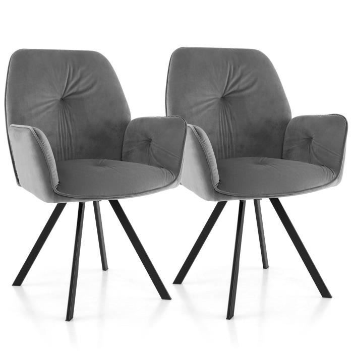 costway lot de 2 chaises de salle à manger en velours, pivotant à 360 degrés, pieds en métal&patins antidérapants, 63x59x87cm, gris