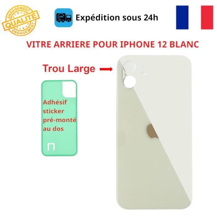 VITRE ARRIERE IPHONE 12 BLANC LOGO ADHESIF GROS TROU