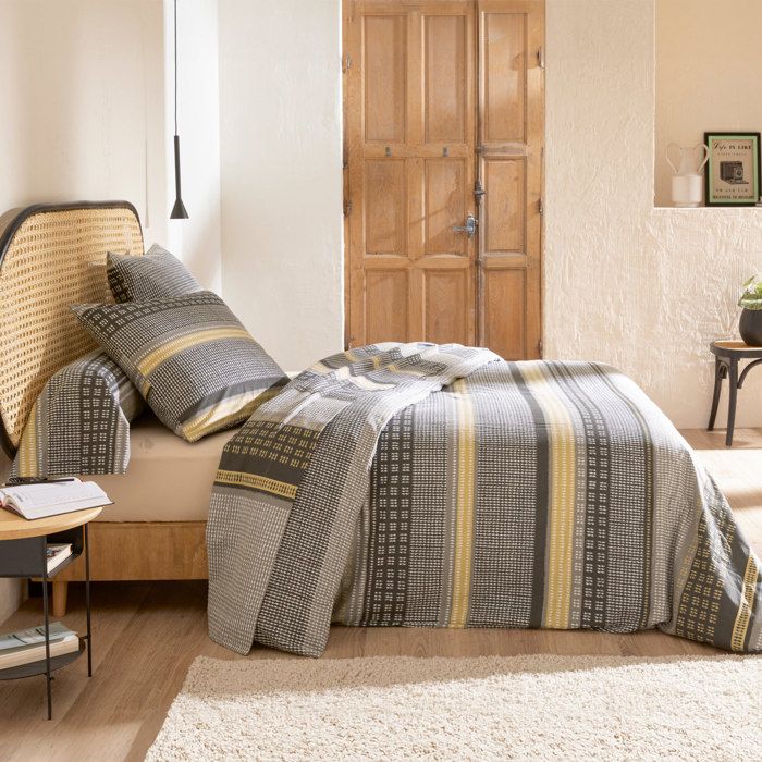 Parure de drap 3 pièces : drap 240x300 cm taies 65x65 cm 100% flanelle de coton JULES gris/jaune Parure de drap 3 pièces : drap 240x300 cm taies 65x65 cm 100% flanelle de coton JULES gris/jaune
