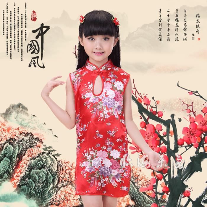 Enfants Filles Robe Traditionnelle Chinoise Cheongsam Floral Paon qipao robe de soirée 