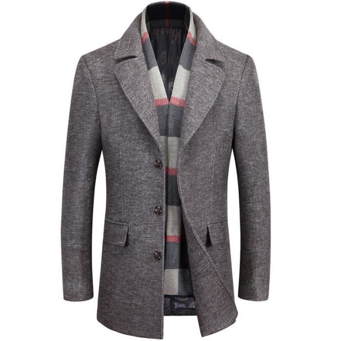 Duffle coat homme Marque Long en laine melangee Epaississant avec revers et poches Marron Gris fonce