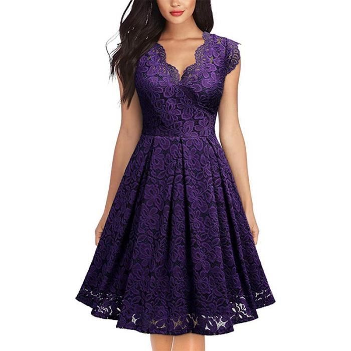 Robe Ete femmes robe de soiree Vintage col en V sans manches robe dentelle elegante dames robes avec dentelle de Type purple Blanc Cdiscount Pret a Porter
