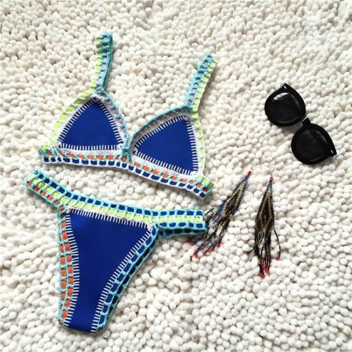 Bikini Crochet Femme 2 Pièces - Maillot De Bain Push-Up Licou - Style Bohème Plage Été