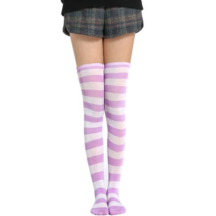 Bas,Bas en coton Lolita Kawaii à longues rayures pour femmes et filles ...