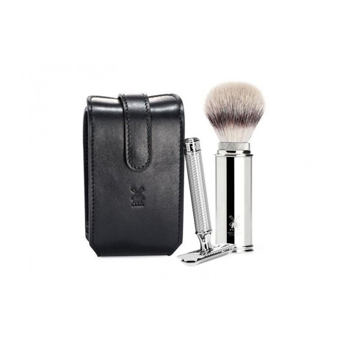 Trousse de rasage de voyage - MÜHLE - rt3sr TRAVEL - 3 pièces - Blaireau Silvertip Fibre - Étui cuir noir
