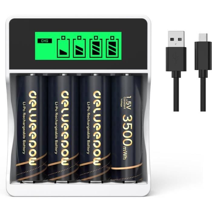 Pack 8 Piles AA Rechargeables Lithium + Chargeur – 1,5V 3700 MWh – Haute Capacité Longue Durée
