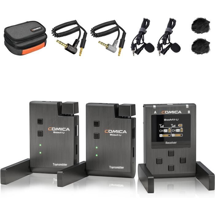 Kit Micro Cravate Sans Fil 2 Packs - Récepteur 3-en-1 Universel - Réduction Bruit - Portée 20m - Pour Vlog, Interview