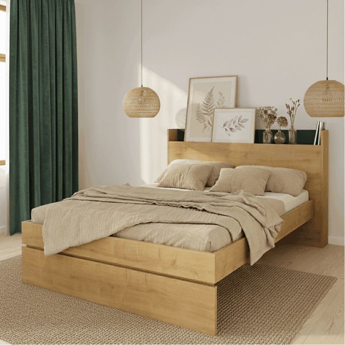 Lit avec tête de lit en bois imitation chêne 140x190 cm - LI9051 - Bois naturel - Terre de Nuit