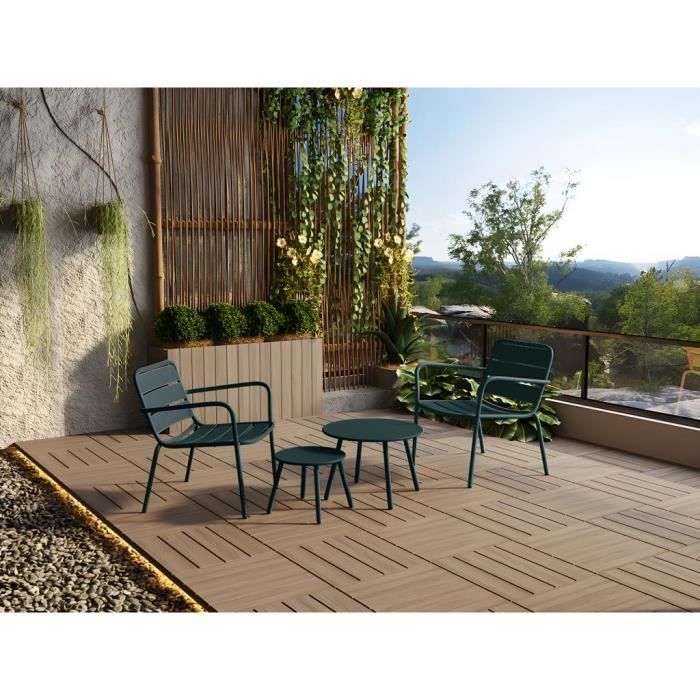 salon de jardin en métal - 2 fauteuils bas empilables et tables gigognes - vert sapin - mirmande de mylia