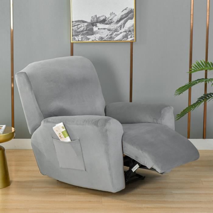 Housse Fauteuil Relax 4 Pièces Extensible - Gris Clair - Lavable - Avec Poches - Protection Meubles - 13