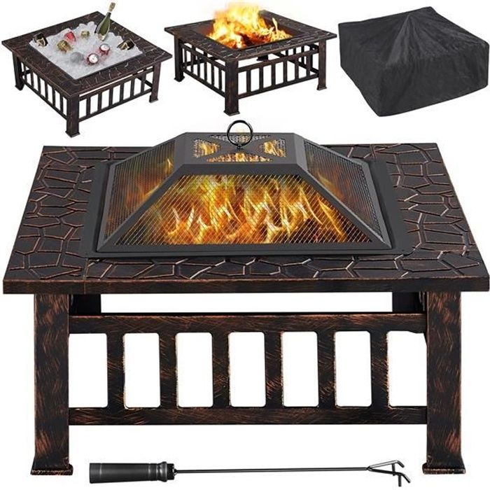 Pare-Étincelles Braséro Fonte Terrasse Braséro Barbecue patio Fourche à feu Braséro de Jardin cour pour fete BBQ avec Grill Braséro Extérieur Chauffage Foyer 81x81x51cm 