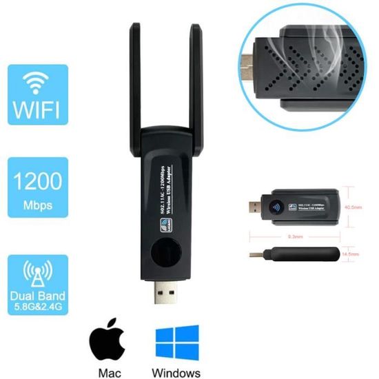 Adaptateur Réseau sans Fil - Clé WiFi 1200Mbps USB Wireless Puissante WiFi  Routeur Dual Band 2.4GHz/5GHz Carte Réseau - Cdiscount Informatique