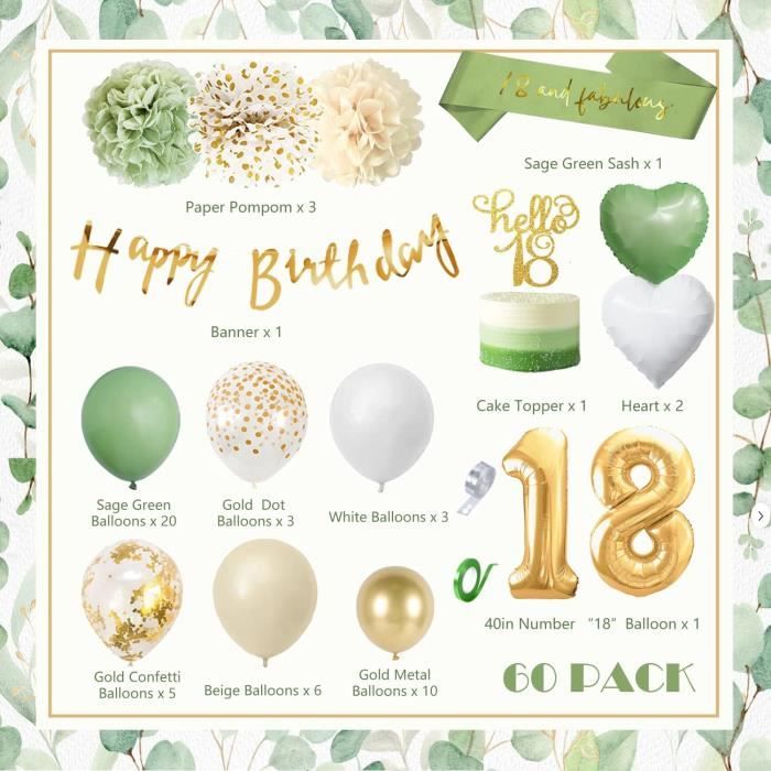 Déco Anniversaire 18 Ans - Ballons Vert Et Or, Couronne, écharpe, Bannière - Réutilisable