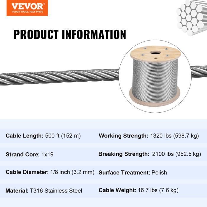 SET 25m cable 8mm acier inox cordage torons: 7x19 + 4 serre-câbles étrie -  beaucoup de tailles disponibles