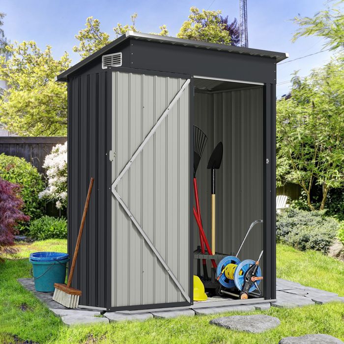 GOPLUS 2,37㎡ Abri De Jardin Métal Galvanisé, Cabine De Jardin Extérieur Portes Coulissantes, Résistant Aux Intempérie, 4,63m³, Cabane De Rangement à Outils, 213 X 127 X 195 Cm, Gris