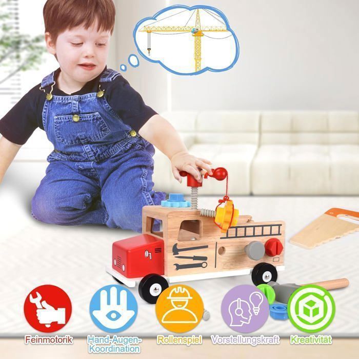 Camion Magnétique En Bois Avec 4 Voitures Grue – Jouet En