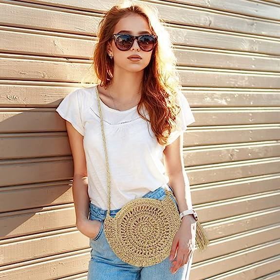 Sac a Bandouliere en Paille pour Femmes Sac Plage Sac de Plage en Osier Sac a