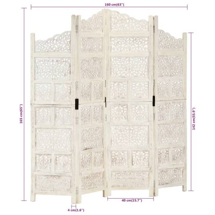 Paravent 4 Panneaux En Bois De Manguier Massif - 160x165 Cm Blanc - Sculpture Main Pour Séparateur Pièce Ou Dressing