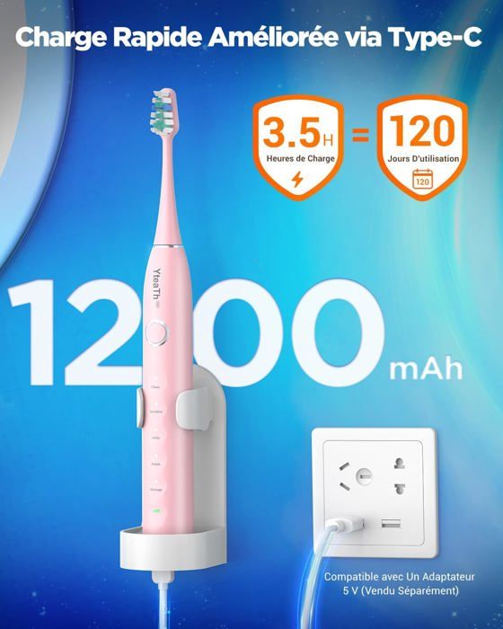 Fairywill lBrosses à Dents Électrique Sonique Rechargeable 4 Têtes de