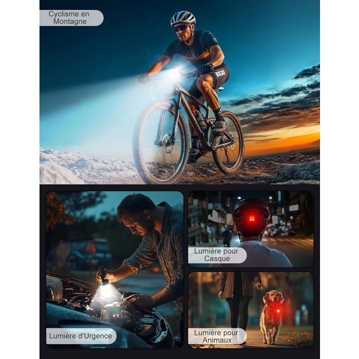 Kit éclairage Vélo Avant/arrière USB Rechargeable – Jusqu’à 2000 Lumens – IPX4 étanche – 1,5h De Charge – Pour VTT, Route Et Trottinette