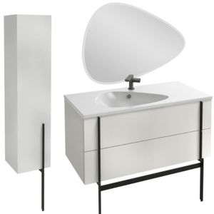 MEUBLE VASQUE - PLAN Meuble lavabo simple vasque 100 cm JACOB DELAFON Nouvelle Vague blanc brillant + colonne version gauche + miroir + pied