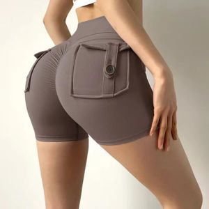 SHORT DE SPORT Short,TRY TO BN Shorts de Sport taille haute pour femmes,collant avec poche sur les fesses,collant de Fitness,de - Dark brown