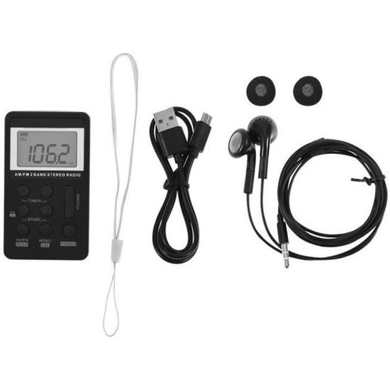 Radio FM Portable 1,1 Pouce LCD - Numérique, Recherche Auto, Mémoire 20 Stations, Avec écouteurs (noir)