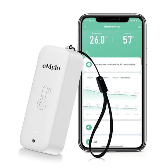 Thermomètre Intérieur Extérieur WiFi EMylo - App Alarme Export Données - Chambre Aquarium Frigo