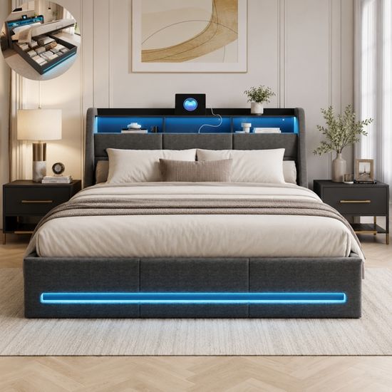 Lit Coffre 140x190cm Avec Sommier Relevable Hydraulique, 2 Tiroirs & Ports USB - Tête De Lit LED - LONELYO - 5