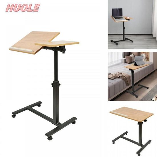 HUOLE Table Pour Ordinateur Portable Réglable 60x34.5cm - Bureau Lit Mobile Avec Roulettes - Hauteur 58-90cm Bois