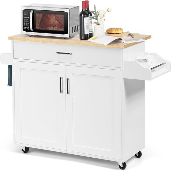 KOMFOTTEU Chariot de cuisine sur roulettes, îlot de cuisine avec étagère à vin, 2 armoires et KOMFOTTEU Chariot de cuisine sur roulettes, îlot de cuisine avec étagère à vin, 2 armoires et