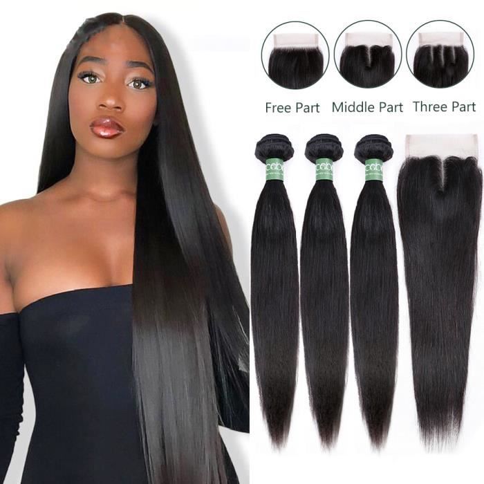 3 Tissage Bresilien Lisse 100g/P 26- Avec Closure Middle Part 20 Pouces 10A Cheveux humains naturels