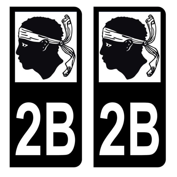 Autocollants Stickers plaque immatriculation voiture auto département 2B Haute-Corse Logo Corse Full Noir Lot de 2
