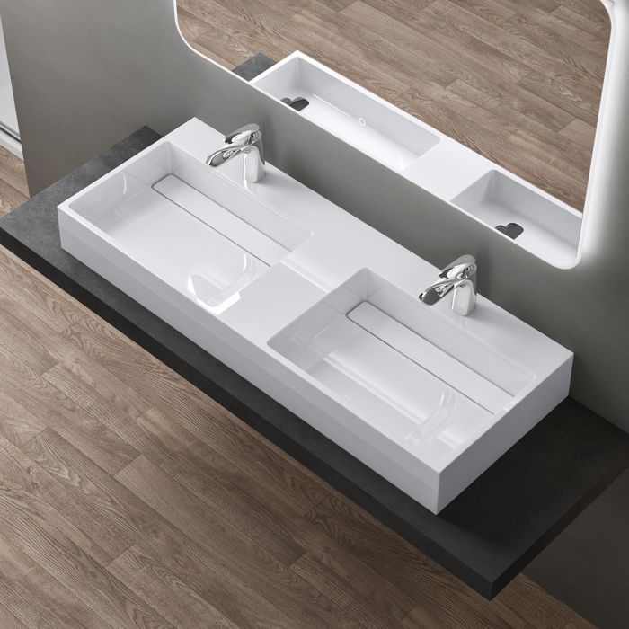 Sogood Double lavabo suspendu blanc 120cm double vasque à poser lave mains rectangulaire de qualité pour salle de bain Colossum12