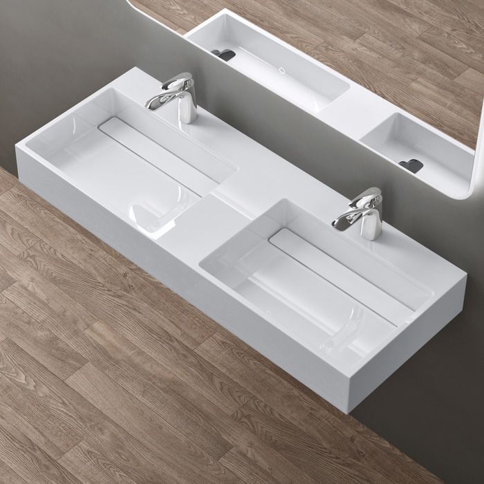 Sogood Double lavabo suspendu blanc 120cm double vasque à poser lave mains rectangulaire de qualité pour salle de bain Colossum12