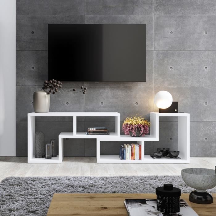 Meuble TV / Table basse / Bibliothèque - YINNALA 3 en 1 - 123-150 cm - blanc - style contemporain
