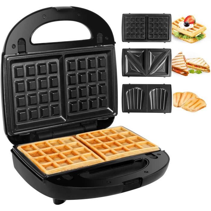 Gotoll Appareil à Croques Monsieur Gaufrier 3 en 1 Machine à Sandwich Maker Gauffre Presse Toaster Pain Plaques Remplaçables 750W -