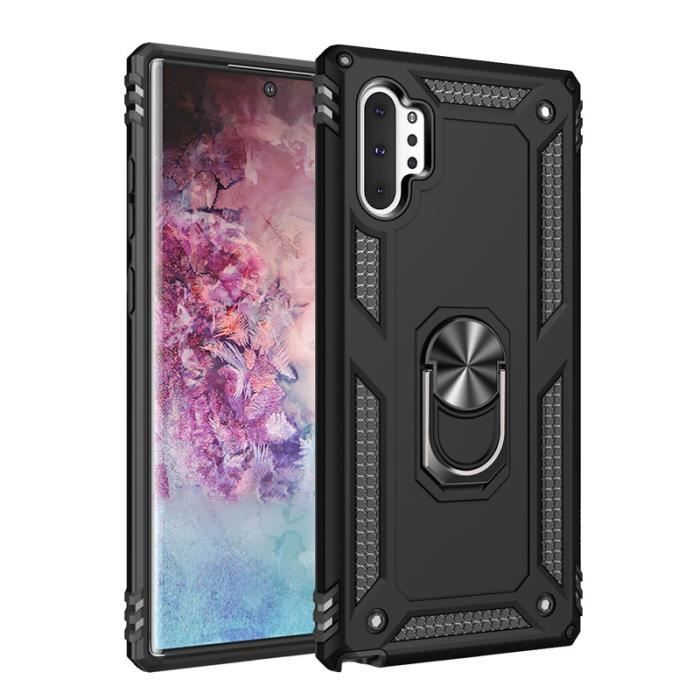 Coque Samsung Galaxy Note 10 Plus (5G), Robuste Armure Silicone Aimant Anneau Support Tournant 360 Degrés Mince Antichoc, Noir